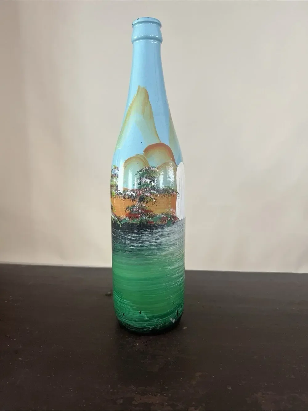 Hand Painted Glass Decorative Bottle Landscape Design Light Blue Green Bohemian